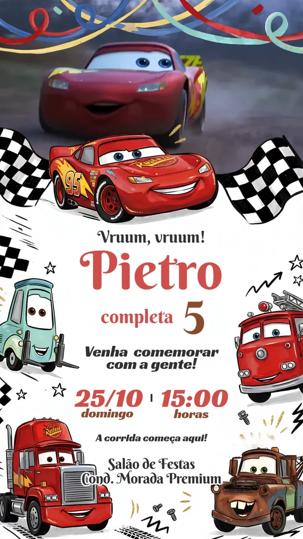 Convite Animado Aniversário Carros Mcqueen Branco Para Editar Online