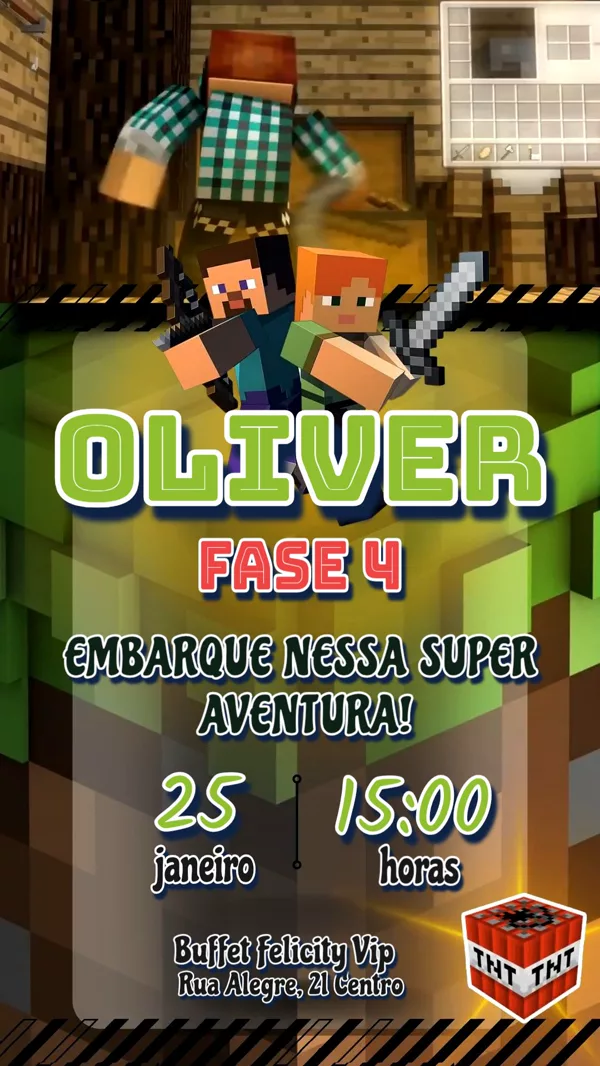 Convite Animado Aniversário Minecraft Steve Alex Para Editar Online