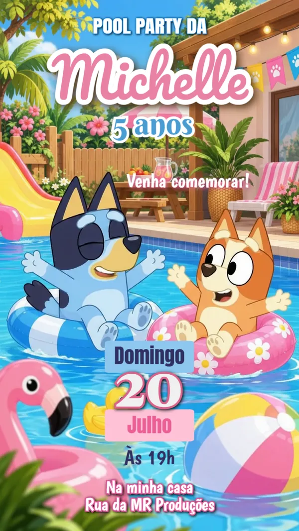 Convite Animado Aniversário Bluey Pool Para Editar Online