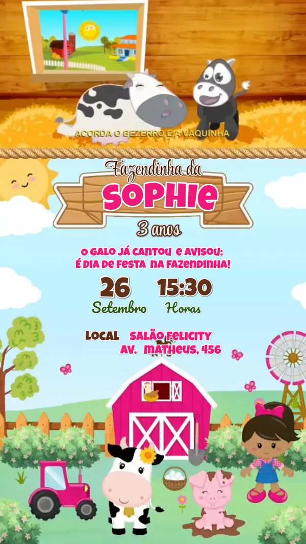 Convite Animado Aniversário Fazendinha Rosa Para Editar Online
