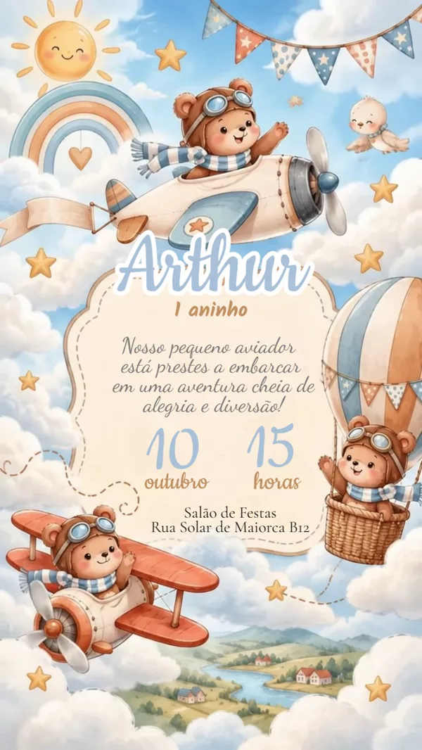 Convite Animado Aniversário Ursinho Aviador Para Editar Online