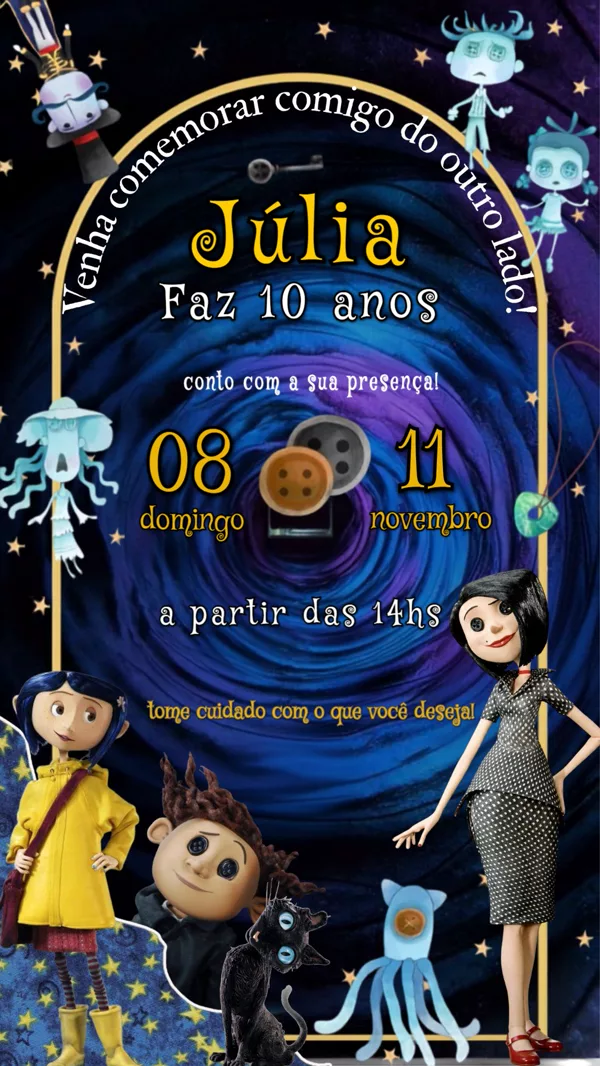 Convite Aniversário Coraline Portal Para Editar Online
