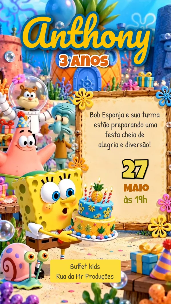 Convite Animado Aniversário Bob Esponja e Turma Para Editar Online