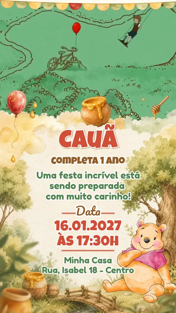Convite Animado Aniversário Ursinho Pooh Floresta Para Editar Online