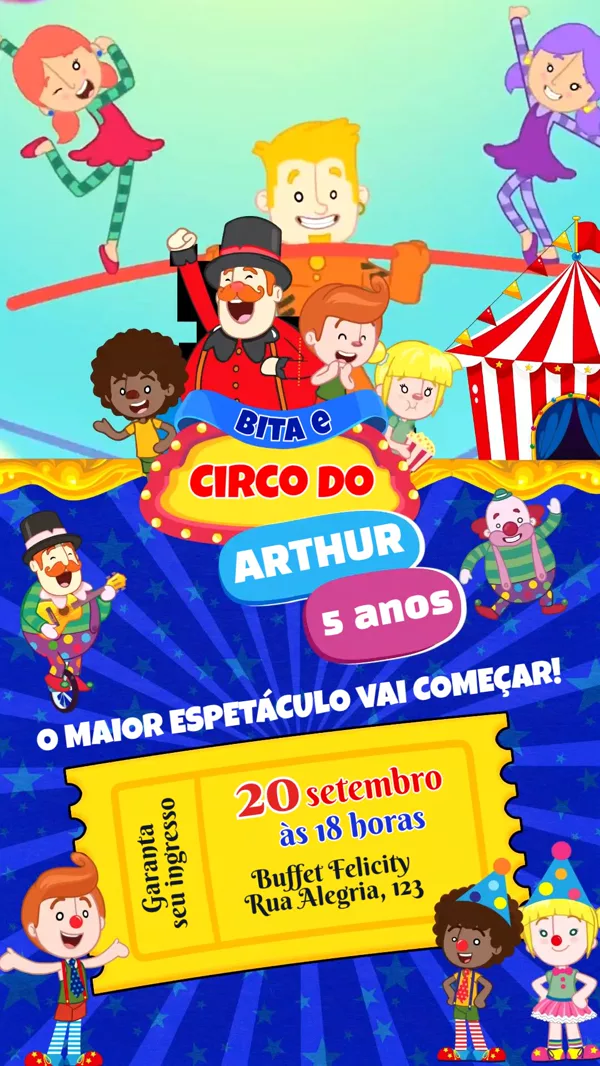Convite Animado Aniversário Circo do Bita Para Editar Online