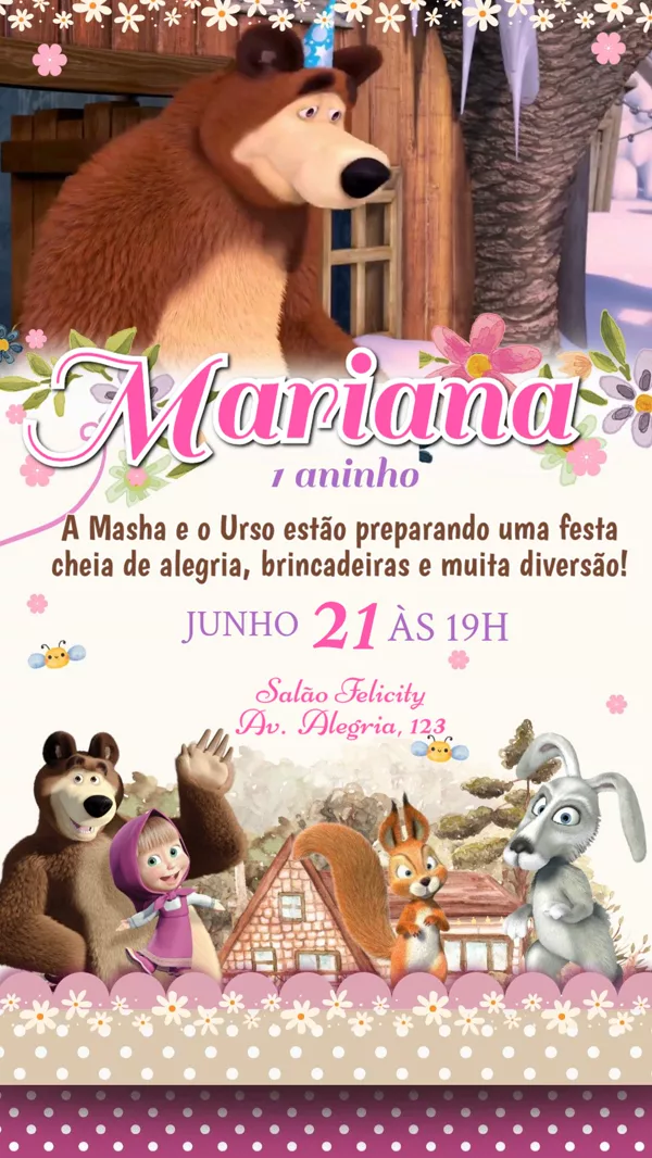 Convite Animado Aniversário Masha e Urso Neve Para Editar Online