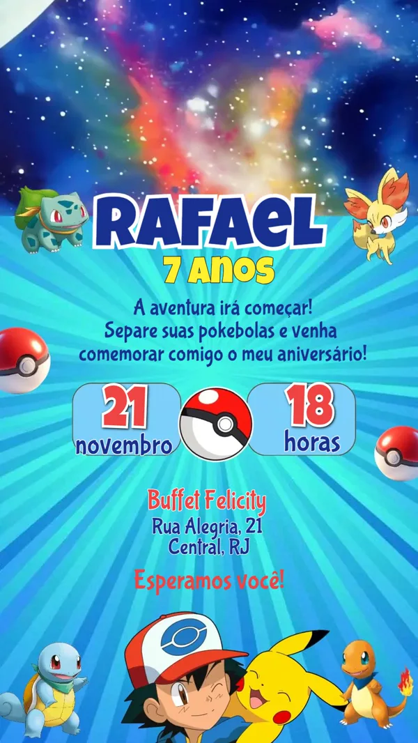 Convite Animado Aniversário Pokémon Infantil Para Editar Online