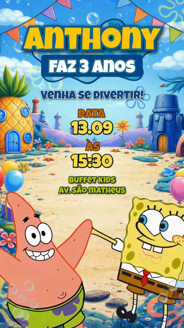 Convite Animado Aniversário Bob Esponja Fundo do Para Editar Online