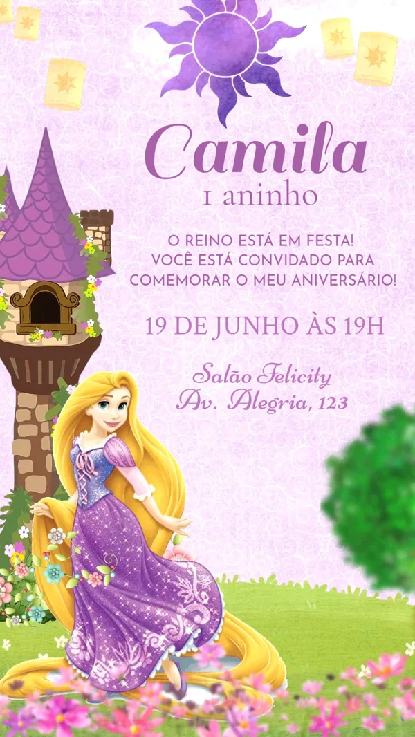 Convite Animado Aniversário Rapunzel Enrolados Para Editar Online