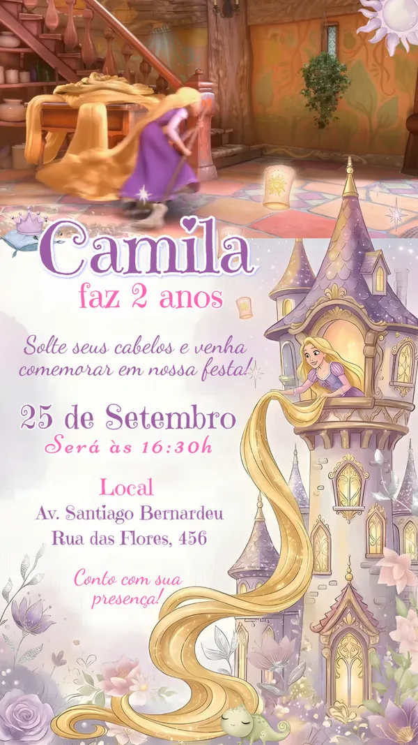 Convite Animado Aniversário Rapunzel Aquarela Para Editar Online