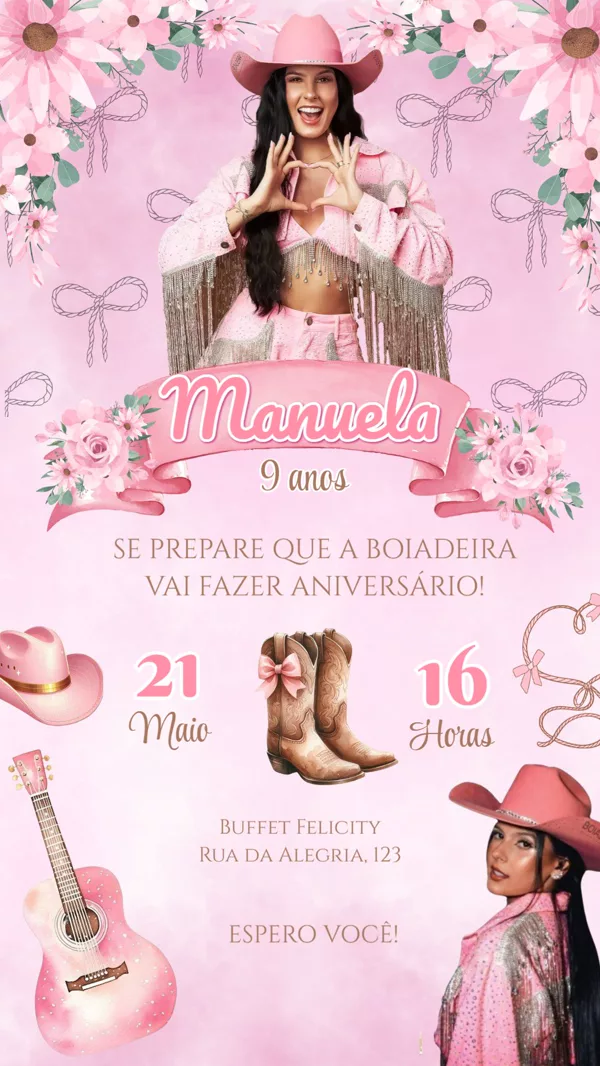 Convite Aniversário Boiadeira Rosa Para Editar Online