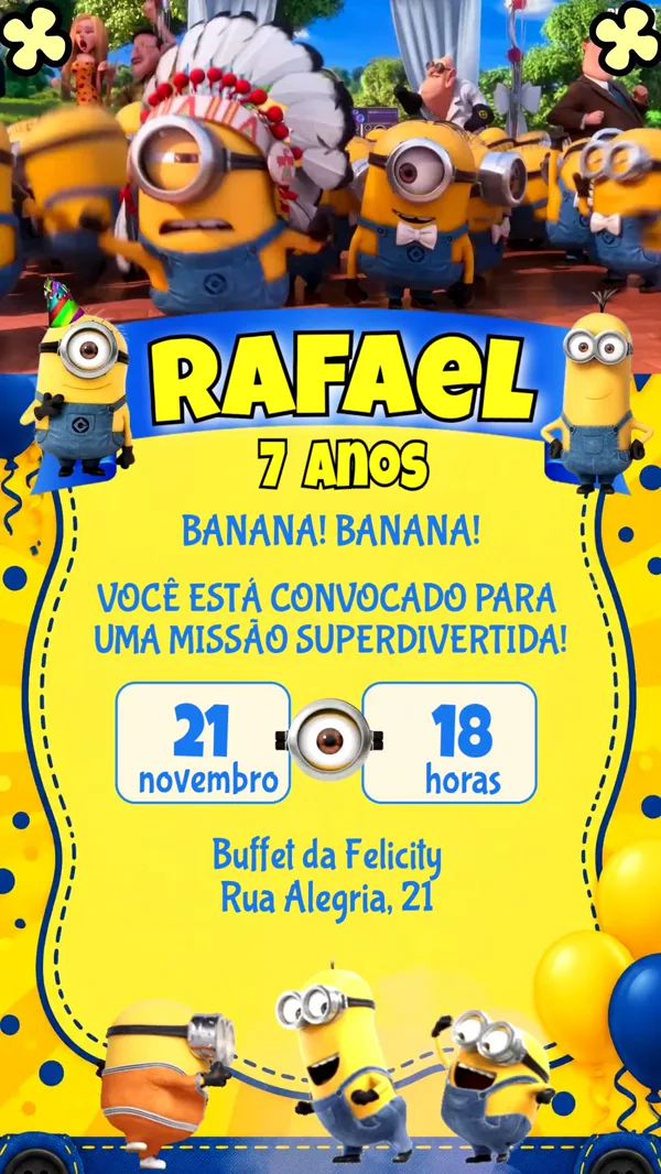 Convite Animado Aniversário Minions Festa Para Editar Online