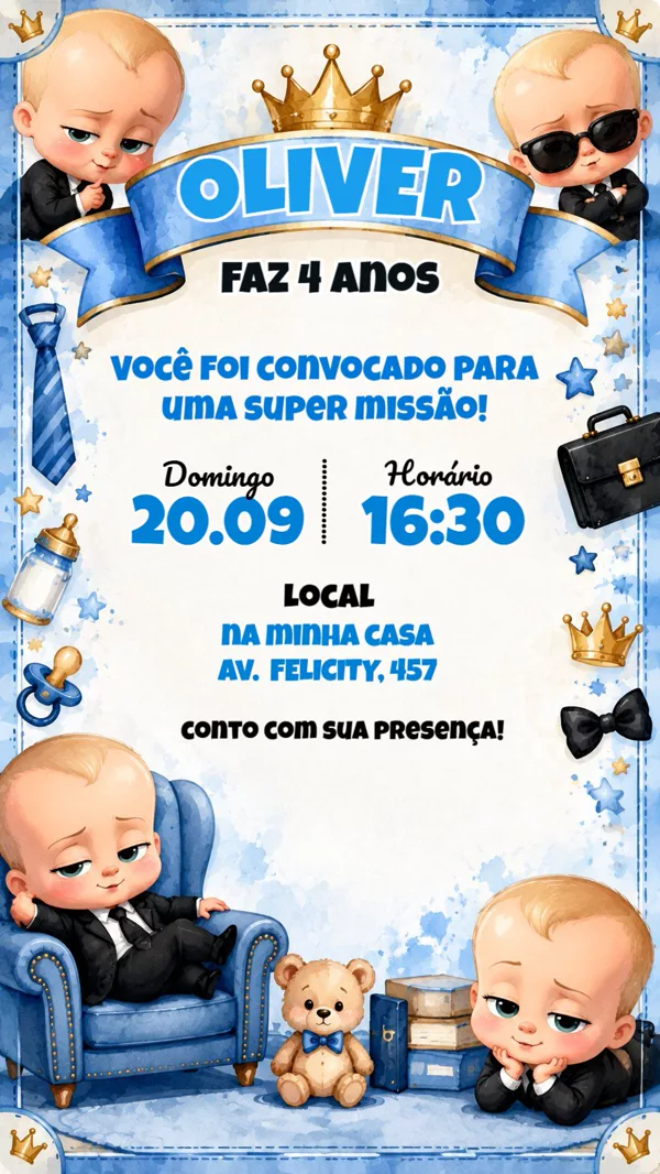 Convite Aniversário Poderoso Chefinho Azul Para Editar Online