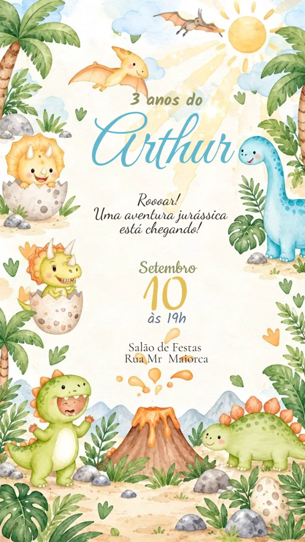 Convite Animado Aniversário Dinossauros Para Editar Online