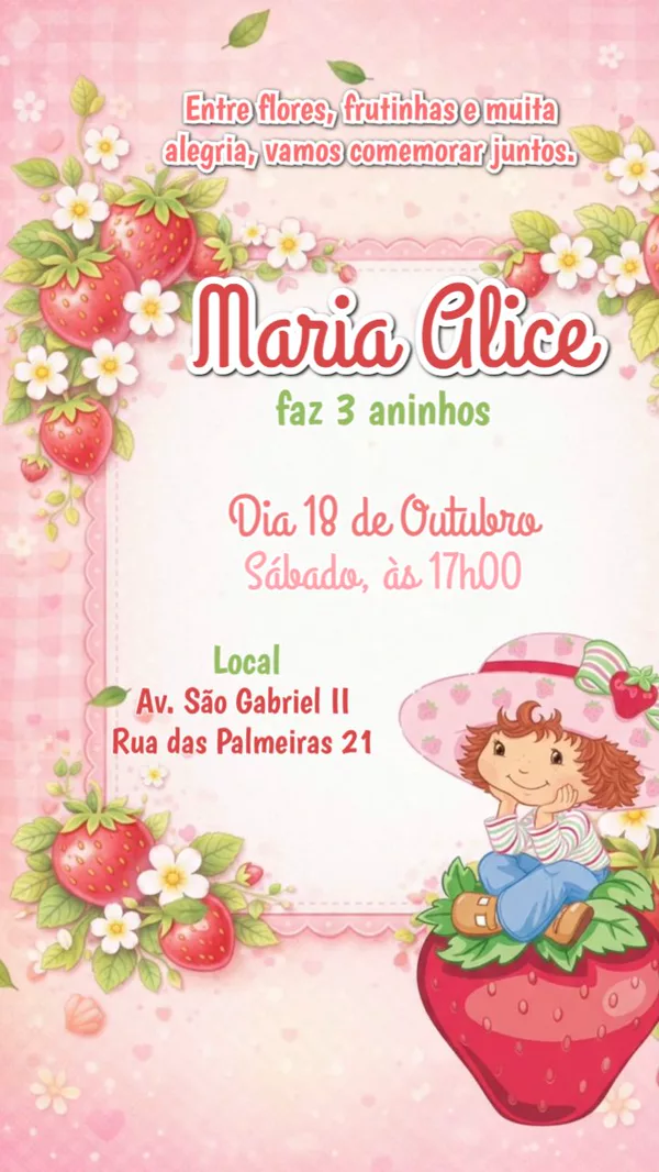 Convite Animado Aniversário Moranguinho Floral Para Editar Online