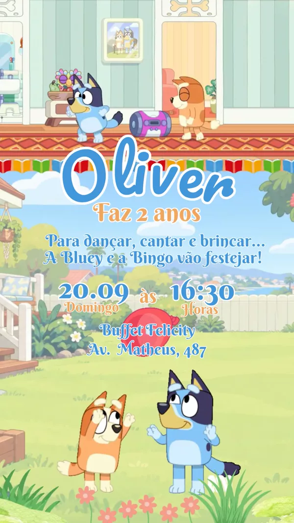 Convite Animado Aniversário Bluey Quintal Para Editar Online