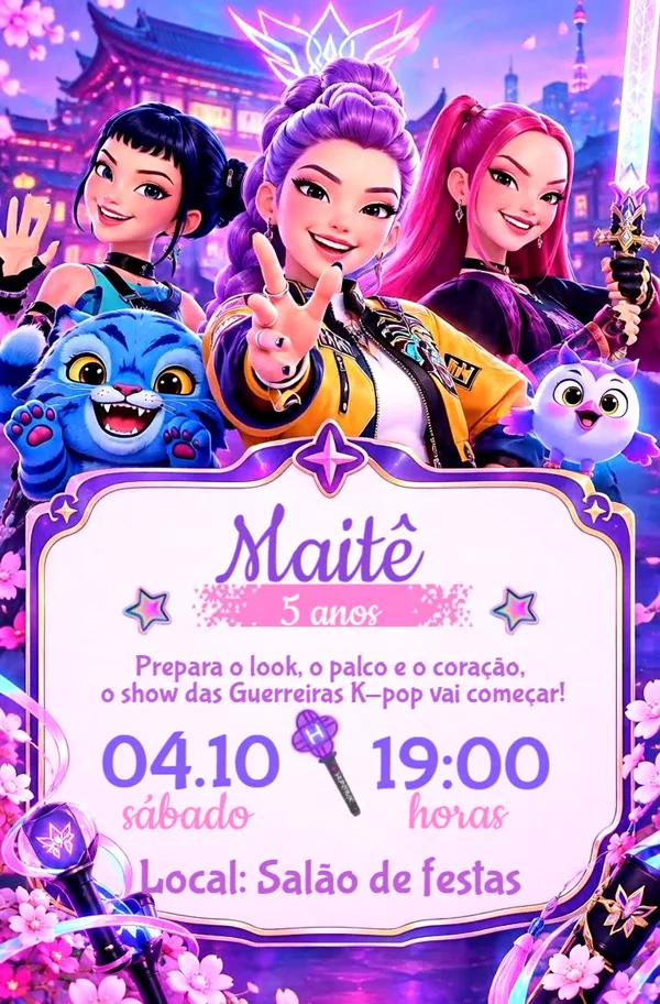 Convite Animado Aniversário Guerreiras Kpop Roxo Para Editar Online