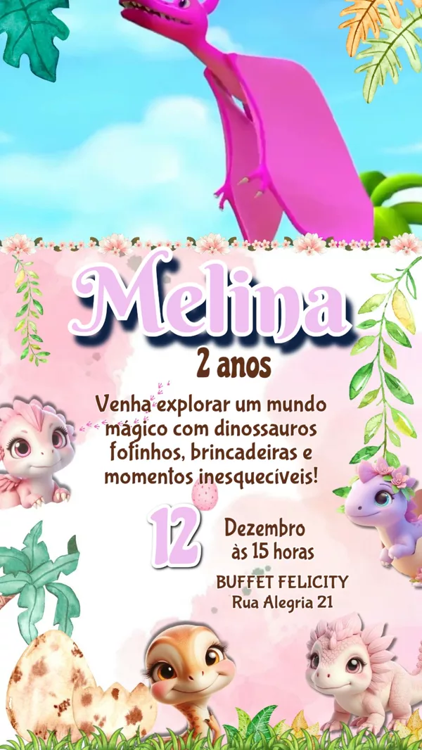 Convite Animado Aniversário Dinossauro Rosa Baby Para Editar Online