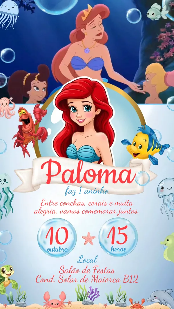 Convite Animado Aniversário Pequena Sereia Ariel Para Editar Online