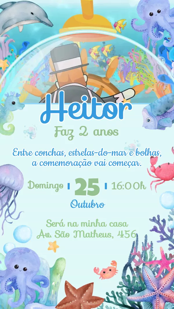 Convite Animado Aniversário Fundo do Mar Para Editar Online