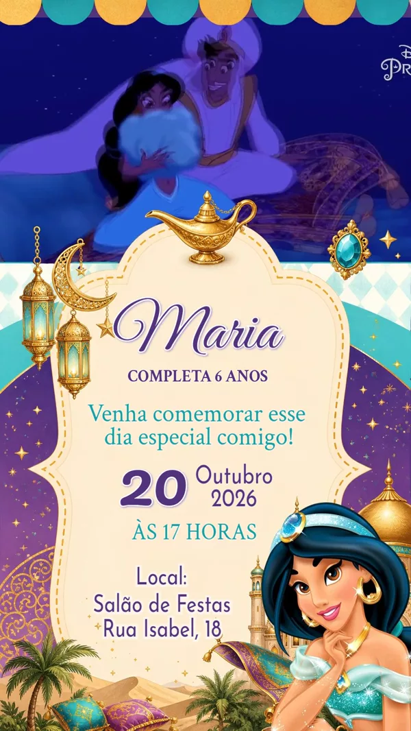 Convite Animado Aniversário Princesa Jasmine Noite Para Editar Online