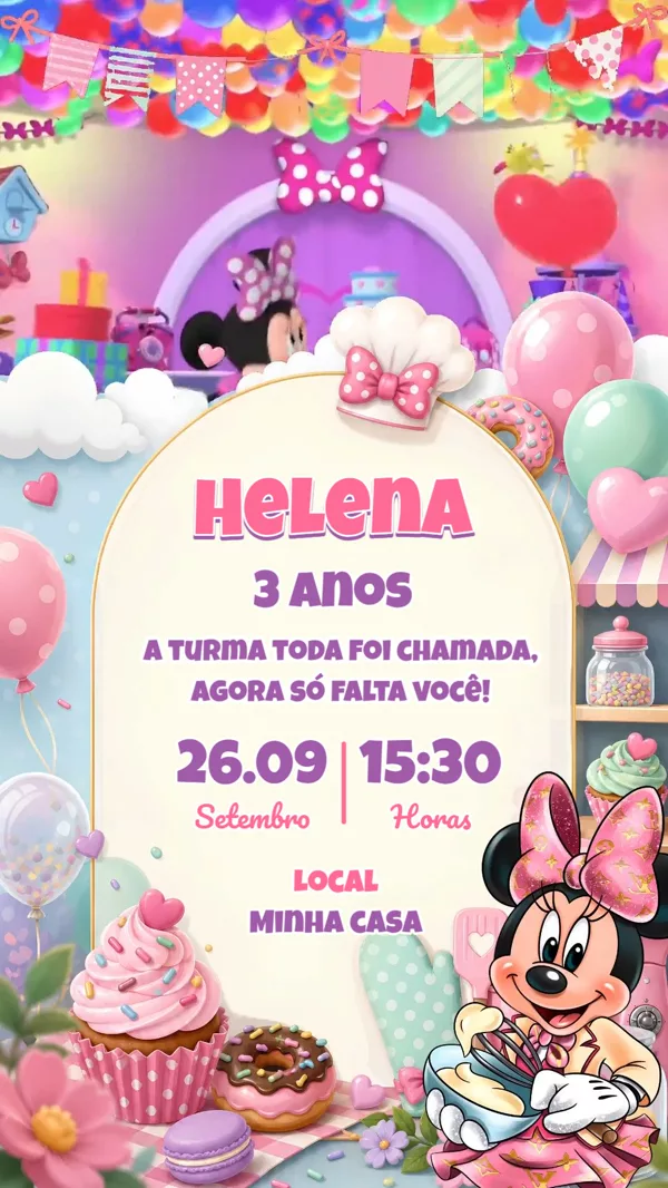Convite Animado Aniversário Minnie Confeitaria Para Editar Online