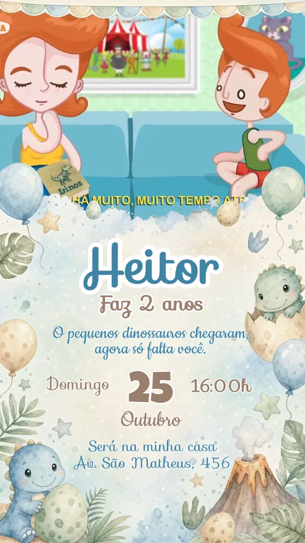 Convite Animado Aniversário Dino Baby Vulcão Para Editar Online