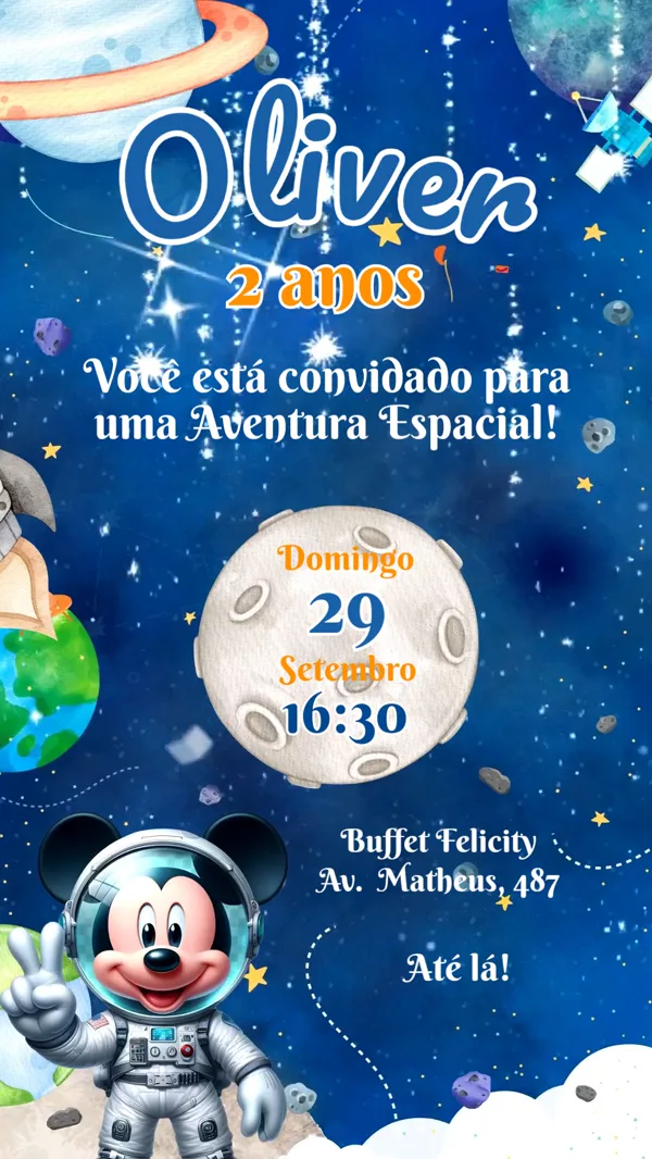 Convite Animado Aniversário Mickey Astronauta Para Editar Online