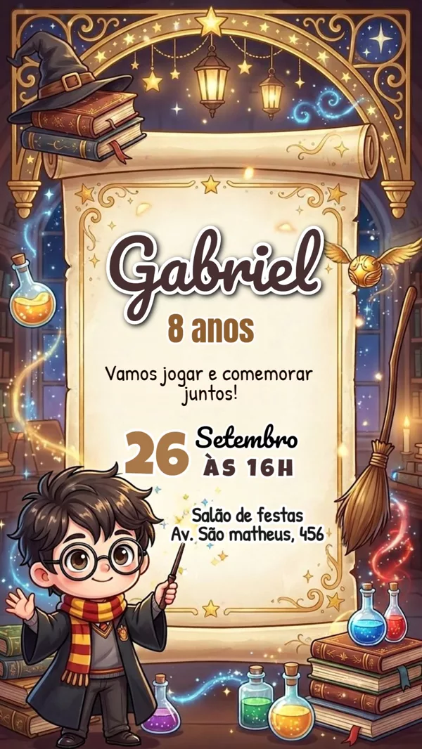 Convite Animado Aniversário Harry Potter Menino Para Editar Online