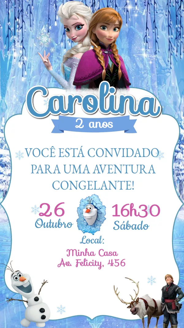 Convite Aniversário Frozen Elsa Anna e Olaf Para Editar Online