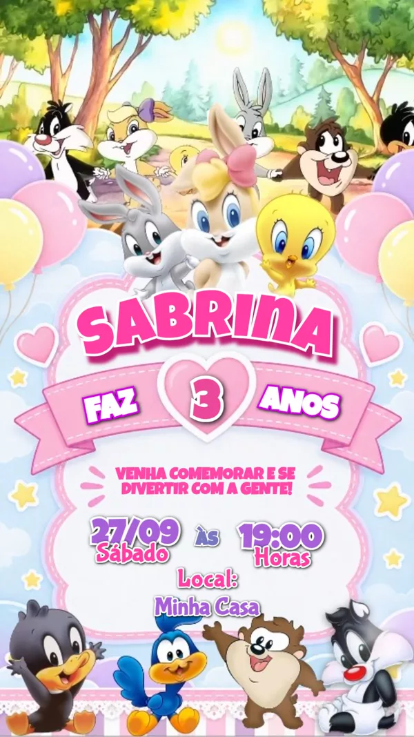 Convite Animado Aniversário Baby Looney Tunes Para Editar Online