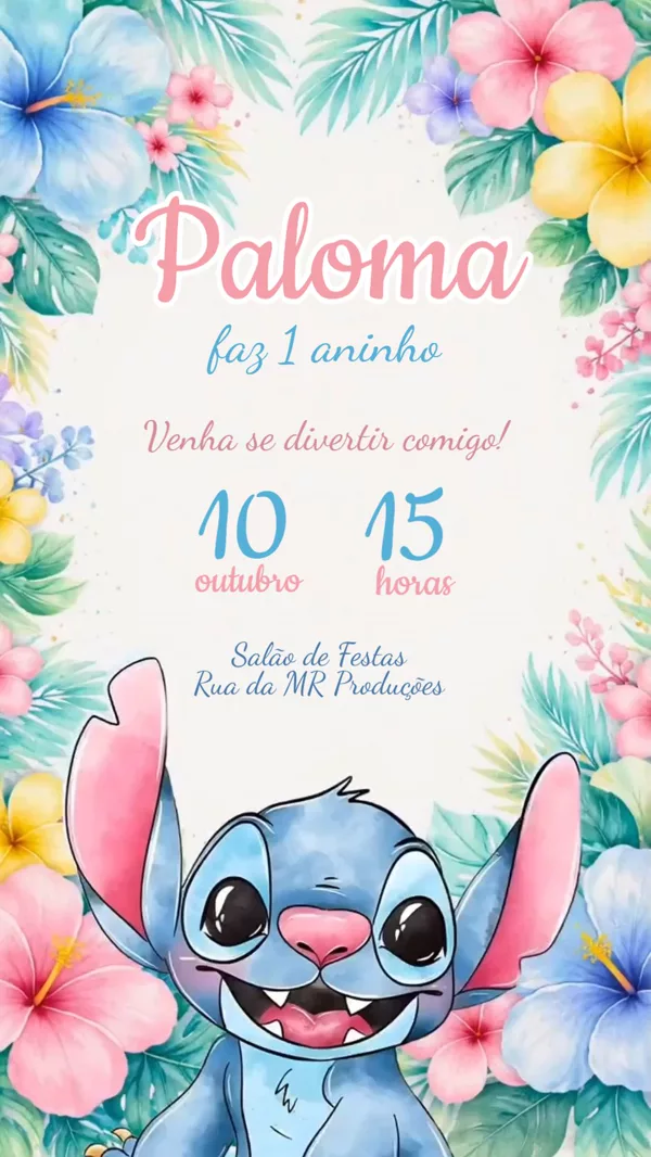 Convite Animado Aniversário Stitch Floral Para Editar Online