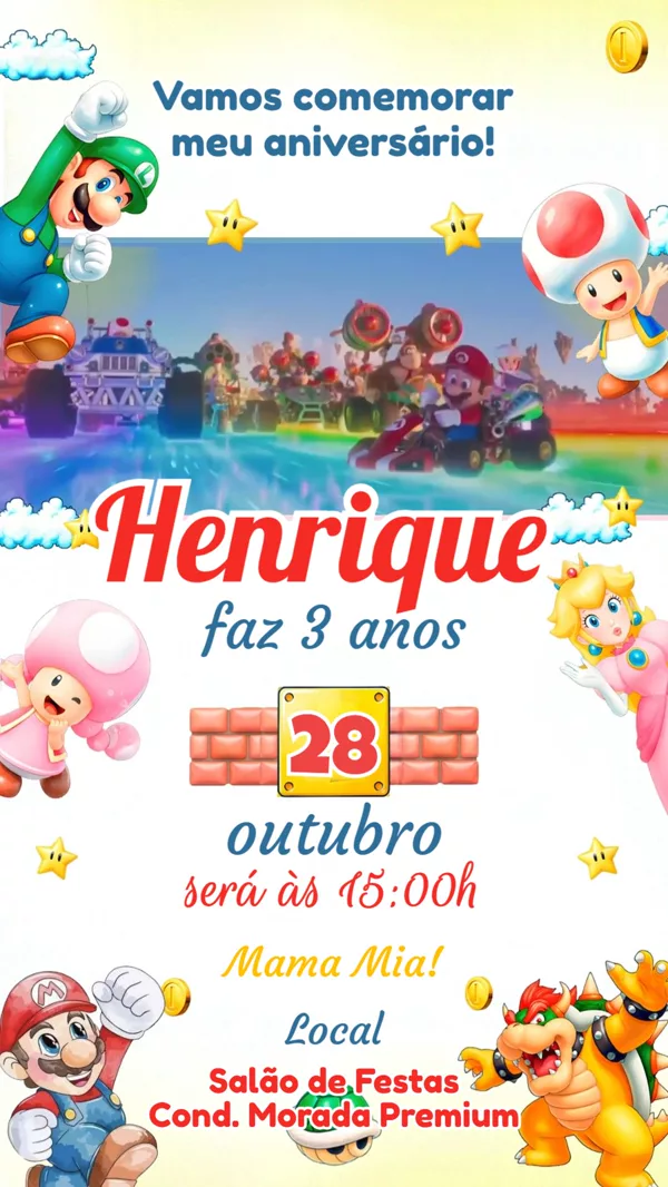 Convite Animado Aniversário Super Mario Para Editar Online