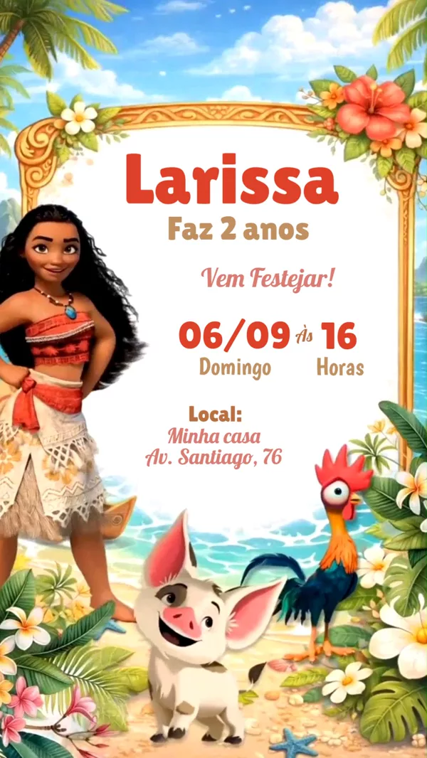 Convite Animado Aniversário Moana Praiana Para Editar Online