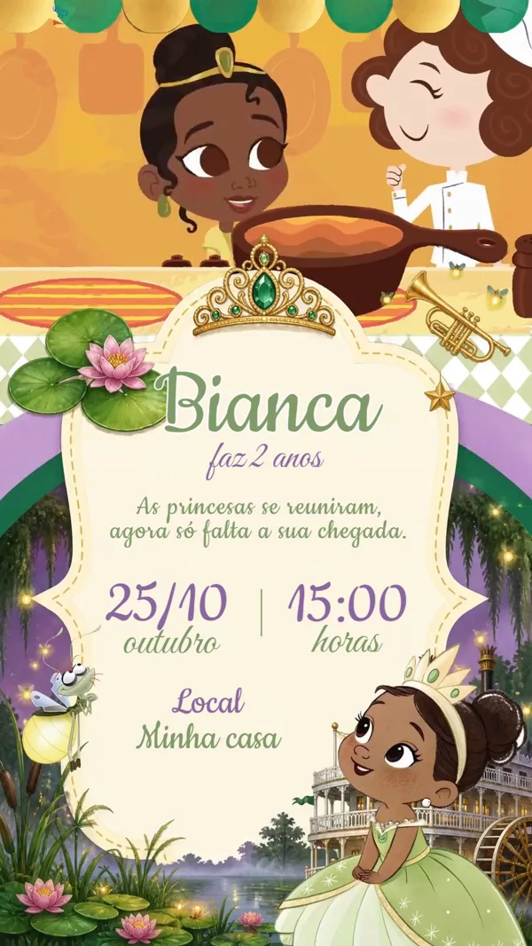 Convite Animado Aniversário A Princesa e o Sapo Para Editar Online