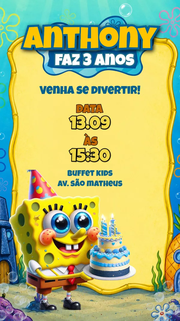 Convite Aniversário Bob Esponja Fundo do Para Editar Online