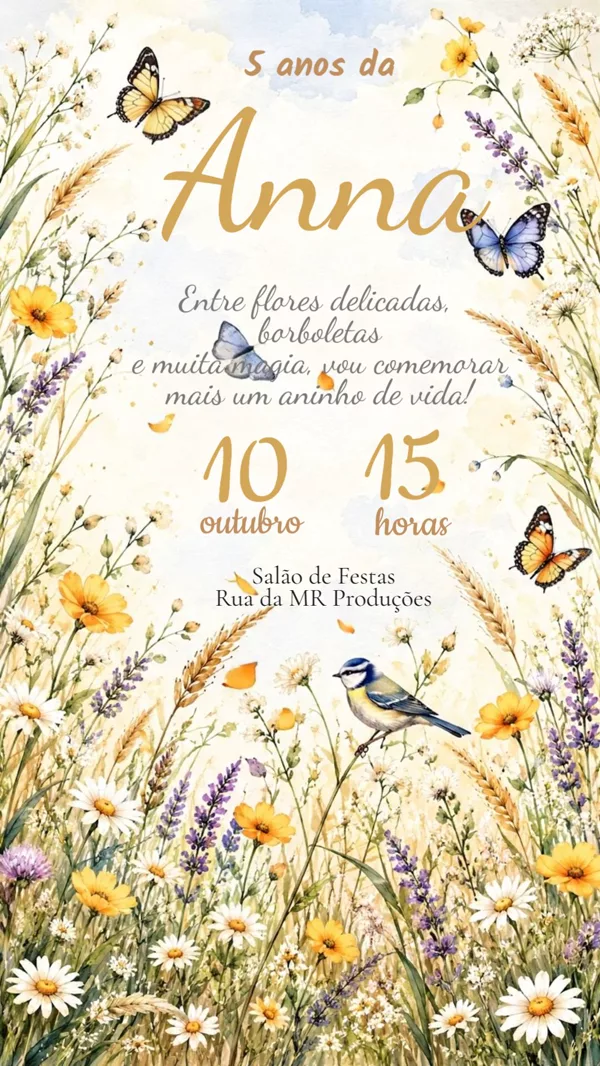 Convite Animado Aniversário Jardim Boho Borboletas Para Editar Online