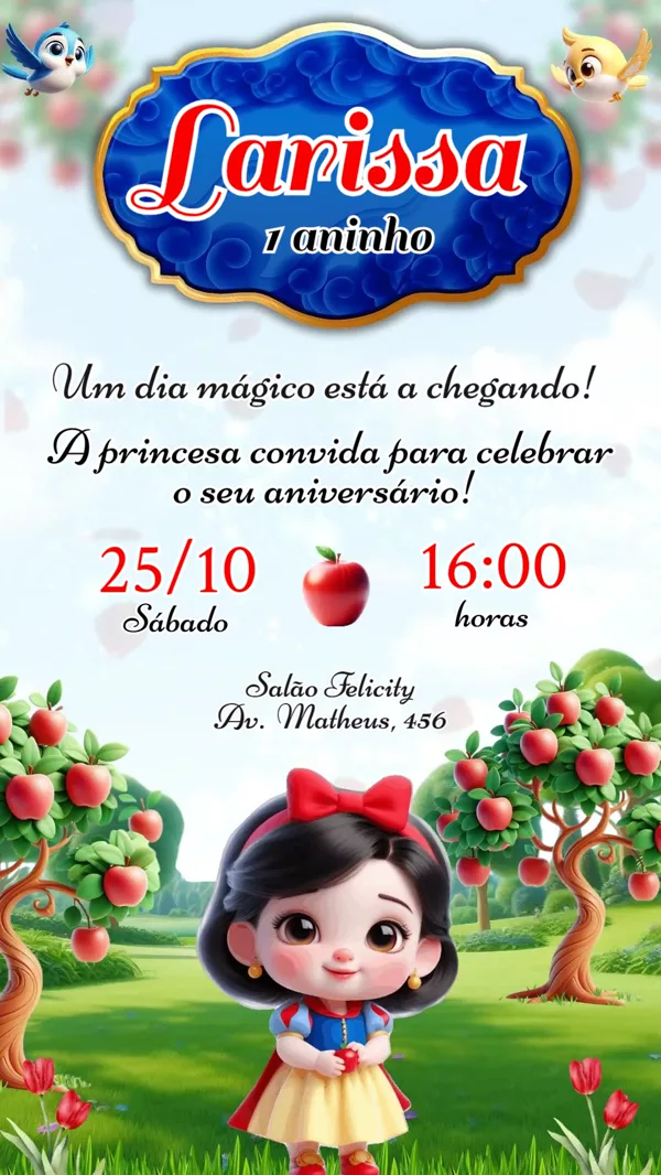 Convite Animado Aniversário Branca de Neve Para Editar Online