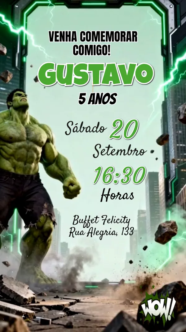 Convite Animado Aniversário Hulk Verde 3D Para Editar Online