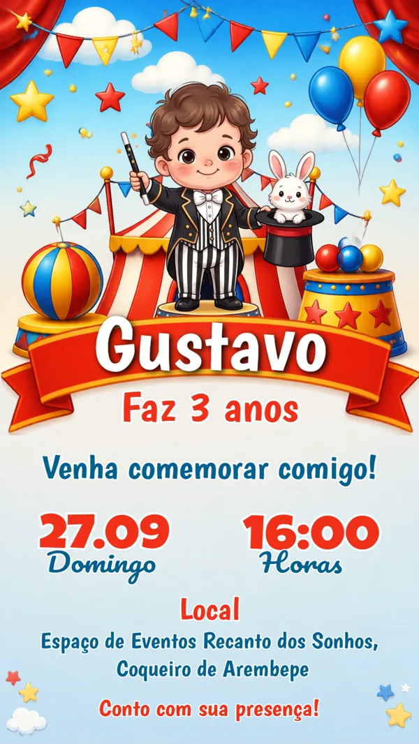 Convite Aniversário Circo Mágico Menino Para Editar Online