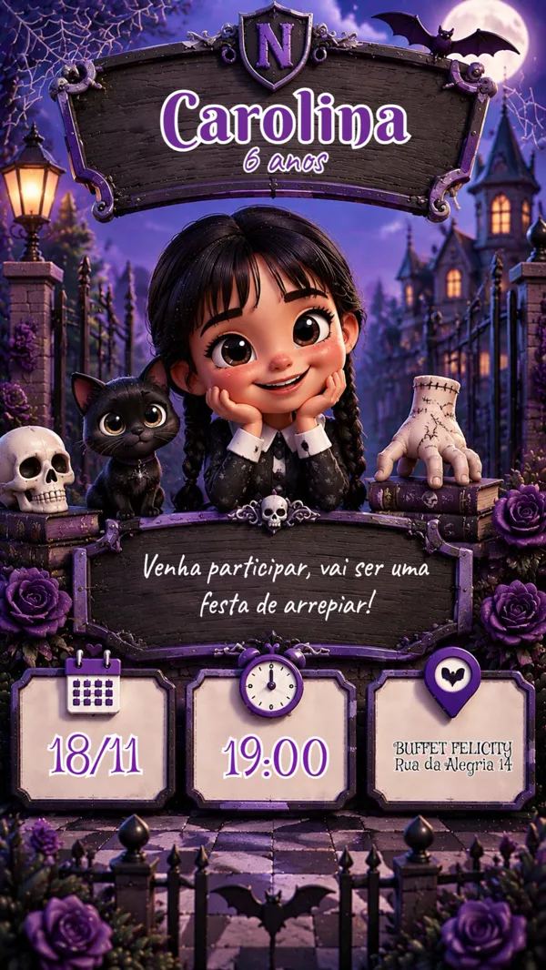 Convite Aniversário Wandinha Gato Roxo Para Editar Online