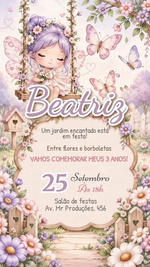 Convite Animado Aniversário Jardim Fada Borboletas Para Editar Online