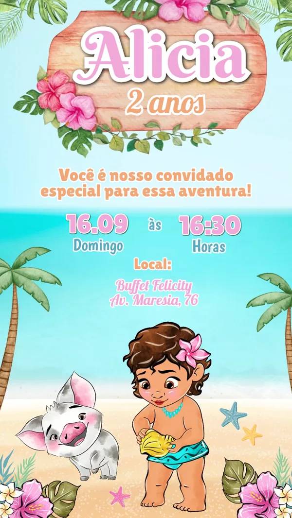 Convite Animado Aniversário Moana Baby Praia Para Editar Online