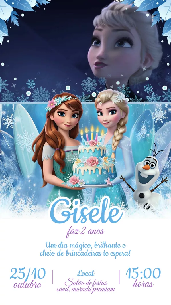 Convite Animado Aniversário Frozen Anna e Elsa Para Editar Online