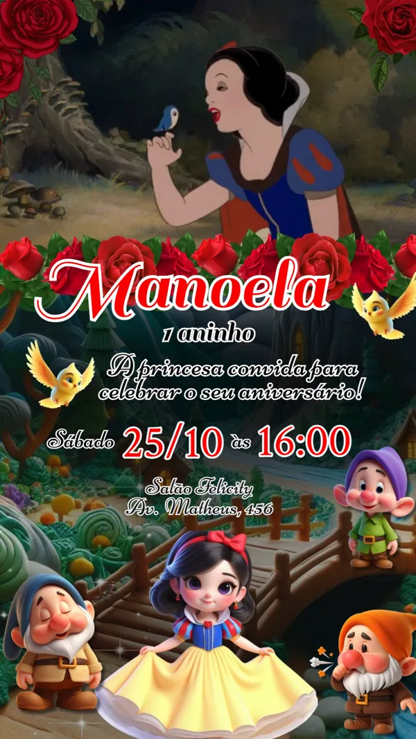 Convite Animado Aniversário Branca de Neve Para Editar Online