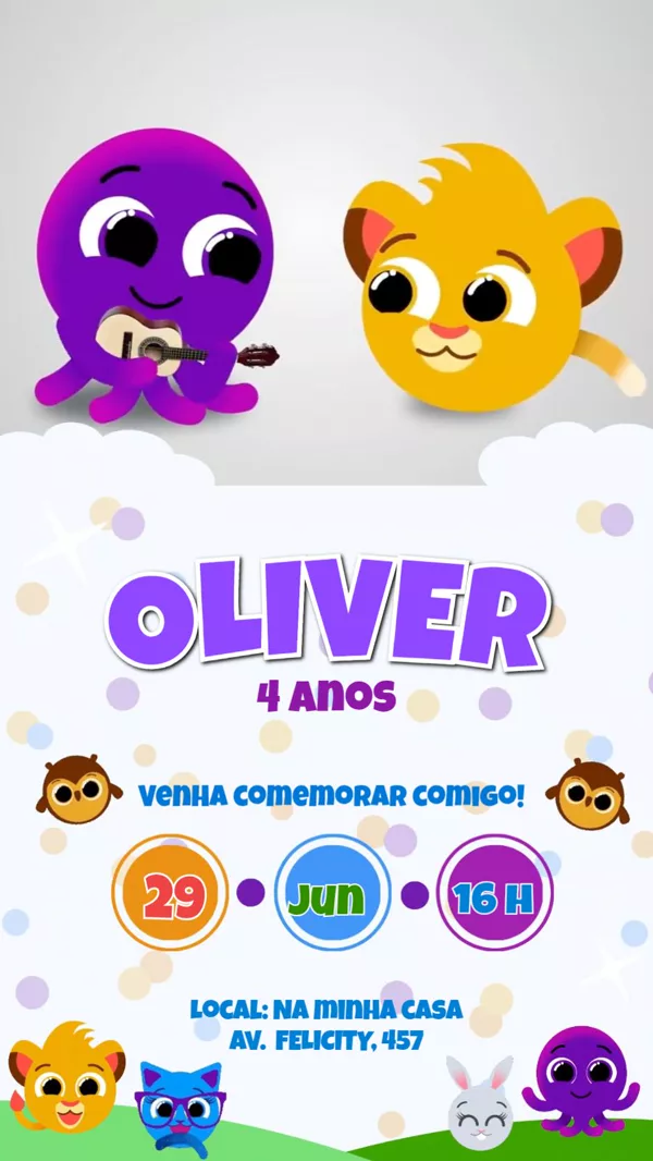 Convite Animado Aniversário Bolofofos Polvo e Leão Para Editar Online