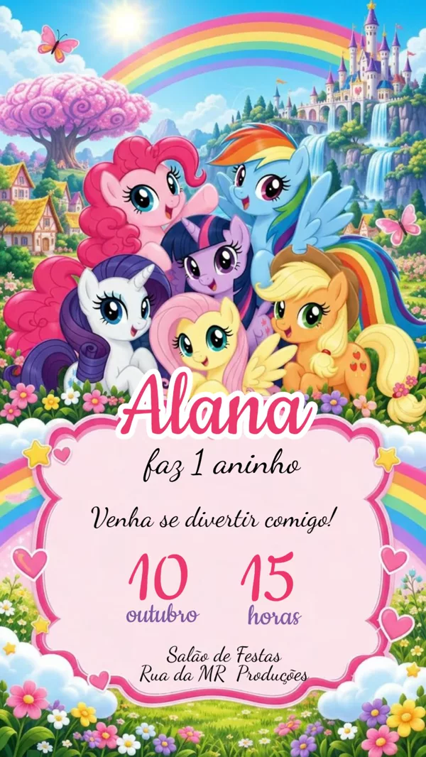Convite Animado Aniversário My Little Arco-Íris Para Editar Online