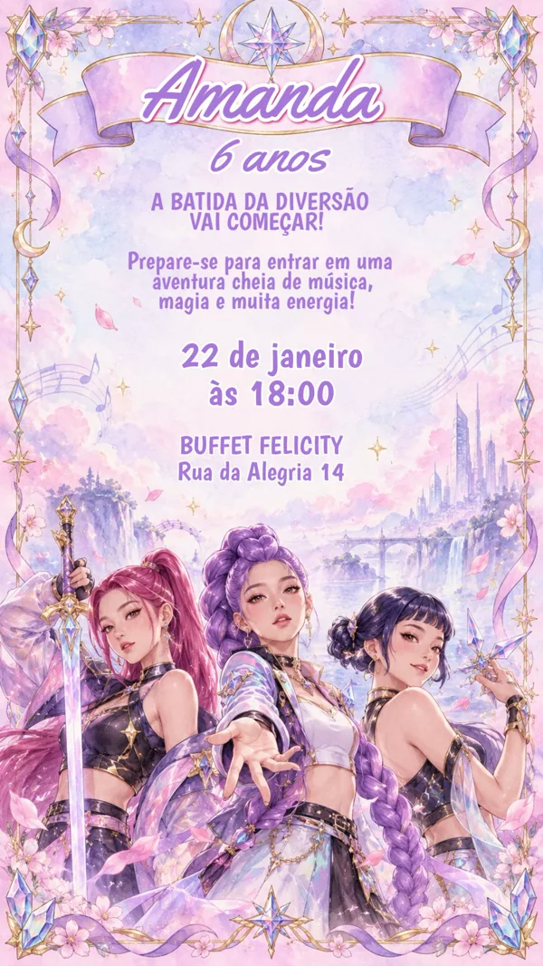 Convite Aniversário Guerreiras do K-Pop Para Editar Online