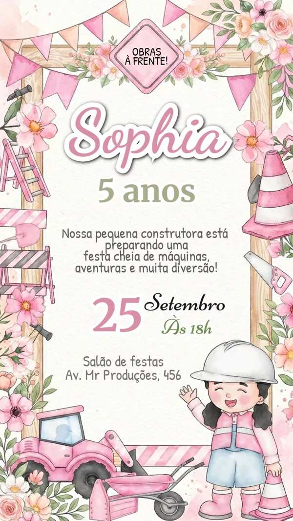Convite Animado Aniversário Construção Rosa Para Editar Online