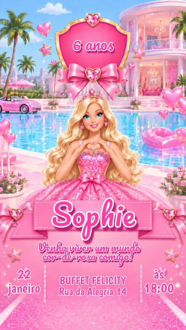 Convite Aniversário Barbie Piscina Rosa Para Editar Online